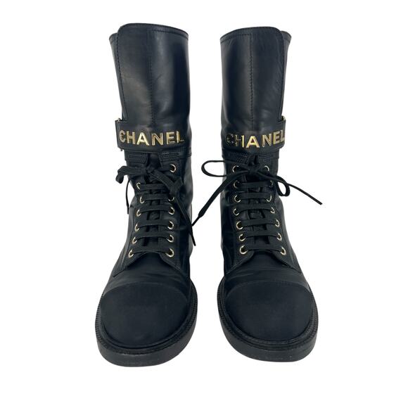 Chanel 2021 Interlocking CC Logo Leather Combat Boots - Picture 3 of 16